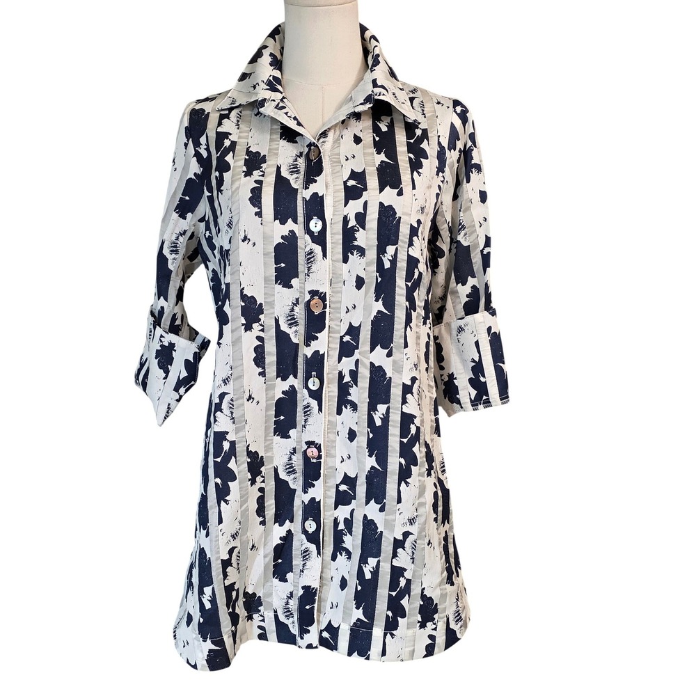 Boho Chic Navy White Striped Floral Button Back Tunic Shirt Small USA Made